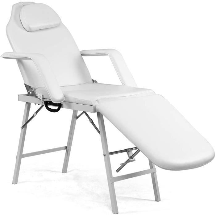 GOPLUS Fauteuil de Massage Inclinable et Pliable avec Oreiller et Accoudoir Amovibles pour Maison,Salon de Beauté,Charge 225 KG,Blan