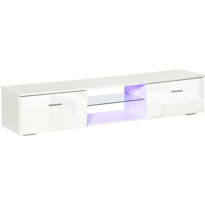 Meuble TV Moderne Blanc - Etagère en verre 2 Tiroirs - Buffet Bas Rangement  Salon Chambre - Cdiscount Maison