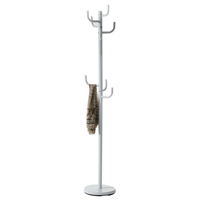 Porte-manteaux MILA portant pour vêtements sur pied hauteur 174 cm socle rond et 8 crochets meuble dentrée en métal laqué blanc