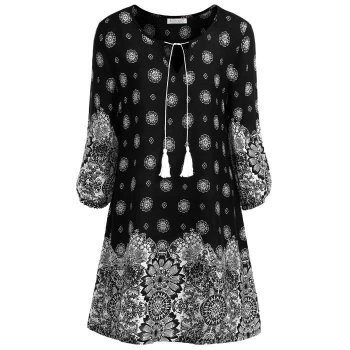 Djt Femme Robe Style Bohemien Chic Col V Tunique Longue Noir Cdiscount Pret A Porter