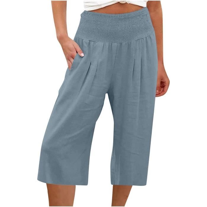 Pantalon Court Femme Ete Pantacourt Fluide Jambe en Coton et Lin Pantalon de Jogging leger pour Femme Pantalon de Longueur 3 4 E Marine Cdiscount Pret a Porter