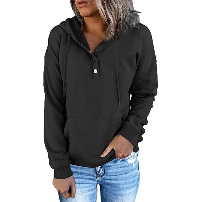 Pull Femme Sweat à Capuche Col Bouton Poche Kangourou Oversize Hoodie,Noir,S