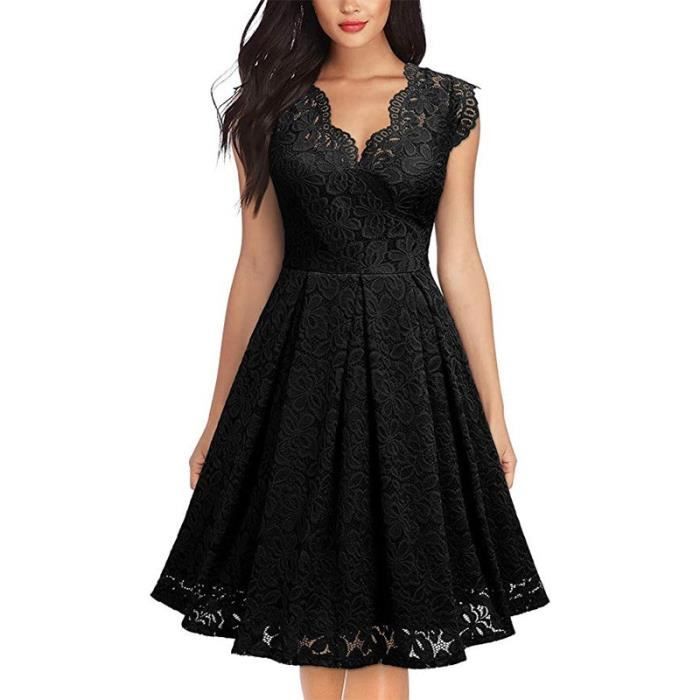 Robe Ete femmes robe de soiree Vintage col en V sans manches robe dentelle elegante dames robes avec dentelle de haute Type black Blanc Cdiscount Pret a Porter