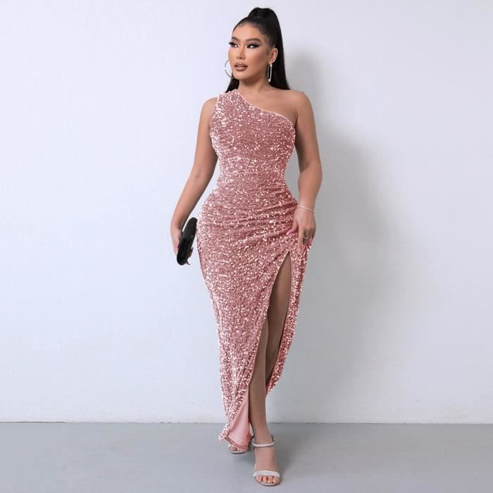 Robe de soiree asymetrique epaule denudee mode irreguliere sans manches paillettes Rose Rose Cdiscount Pret a Porter
