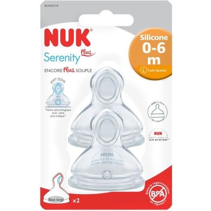 Tétines Serenity+ NUK - Silicone - Base large - 0-6m L - Anti-colique