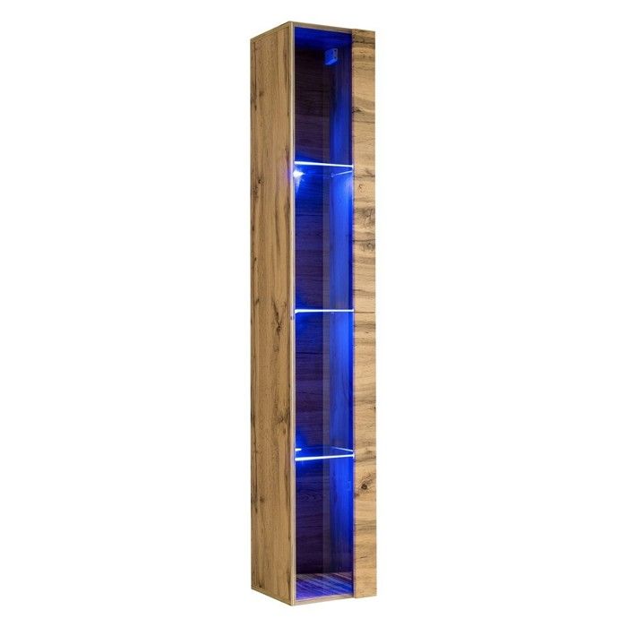 Vitrine suspendue coloris chêne Wotan avec 1 porte vitrée et éclairage LED inclus. Collection SWITCH. Vitrine suspendue coloris chêne Wotan avec 1 porte vitrée et éclairage LED inclus. Collection SWITCH.
