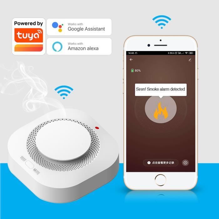 Detecteur de fumée—intelligent—2.4G WiFi—Tuya—sans batterie—Son d'alarme supérieur à 90 dB