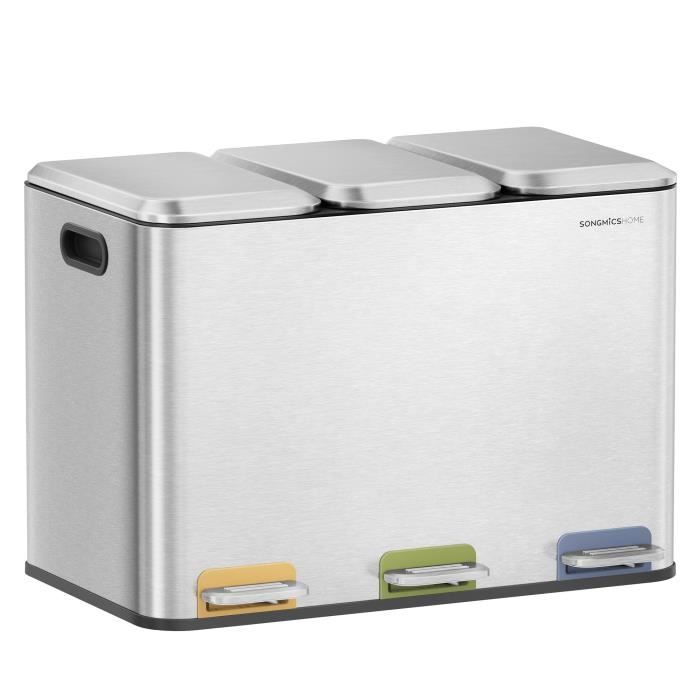 Poubelle Triple de Cuisine 3 x 15 L Système de Séparation Déchets avec Couvercles et Seaux Intérieurs Argent Métallique