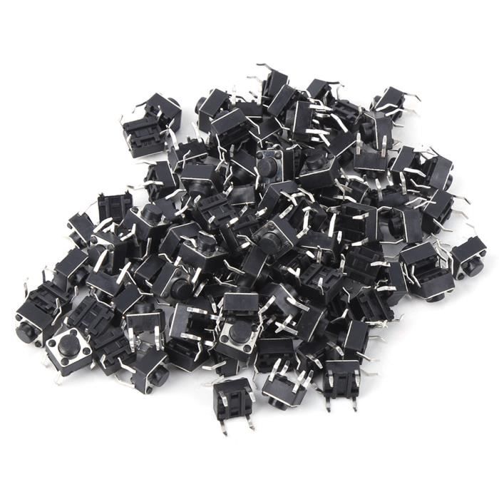 Lot De 100 Interrupteurs Tactiles Momentanés 6x6mm - Pour Circuit Imprimé (PCB), 4 Broches, Bouton Noir - 7