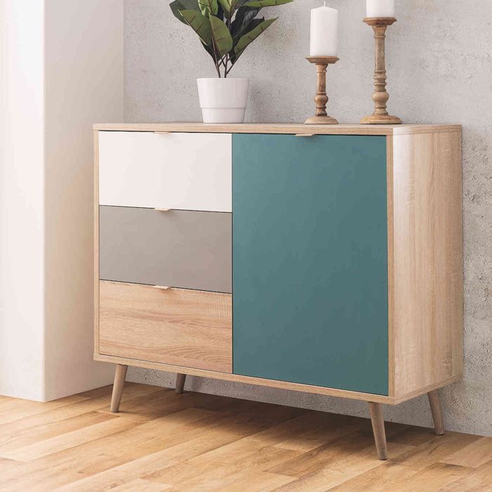 Terre de Nuit Commode scandinave 3 tiroirs 1 porte multicolore CO7001