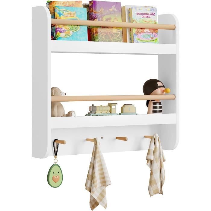 WOLTU Bibliothèque Enfant Étagère Murale pour Enfants avec 4 Crochets 60x12x55cm Blanc W0ETT0017