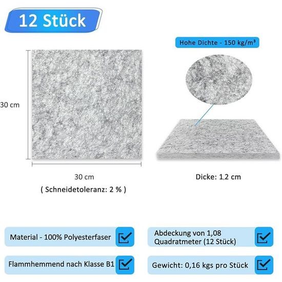 Lot De 12 Panneaux épais Absorbant Le Son, 30 X 30 X 1,2 Cm, Panneaux