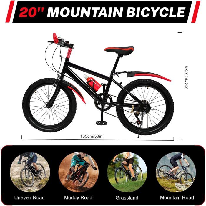 VTT 20 Pouces Pour Enfant De 8 à 11 Ans – 7 Vitesses, Fourche Suspendue, Freins à étrier, Garde-boue, Pour 130-150cm