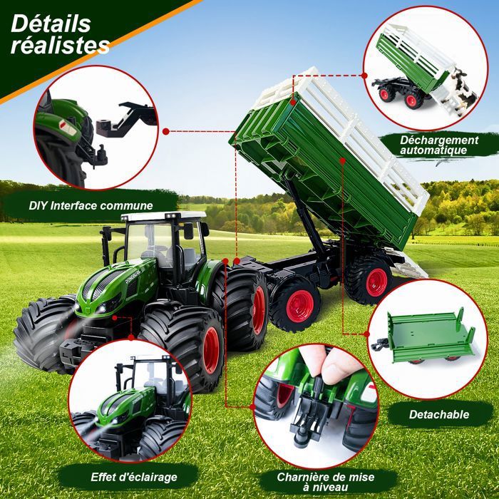 Tracteur-remorque télécommandé avec andaineur 4 en 1, échelle 1:24