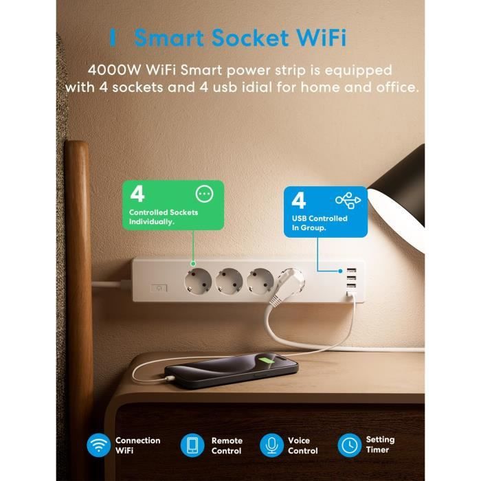 J772 Multiprise Connectée (Type F), 16A Multiprise Wifi Avec 4 Prises Et 4 ...