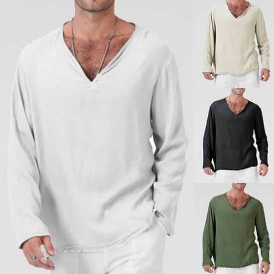 Lot De T-shirts Homme En Coton/lin - Col V, Manches Courtes, Coupe Ample, Couleur Unie