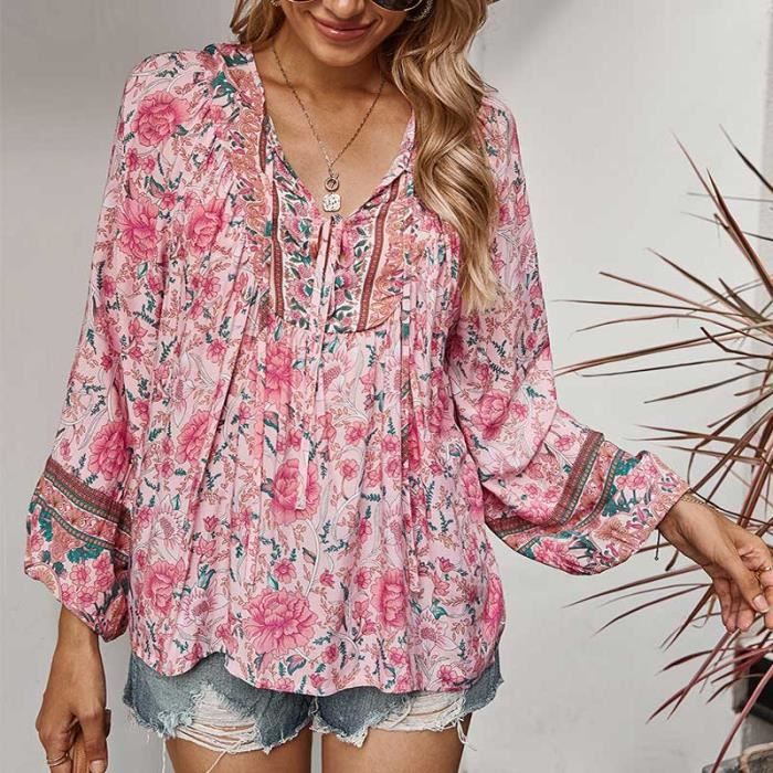 Blouse femme Chemisier rose a manches longues pour femmes imprime Floral style BOHO cravate col en v rayonne Type Rose Blanc Cdiscount Pret a Porter
