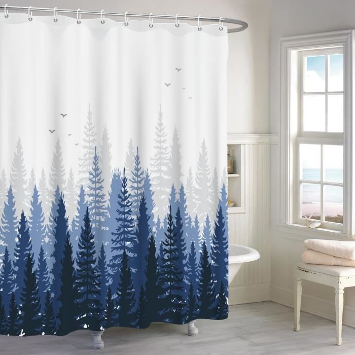 Rideau De Douche Forêt Hiver 180x180 Cm - Imprimé Arbres Oiseaux, Imperméable, Anti-moisissure | Avec 12 Crochets, Décoration Salle De Bain