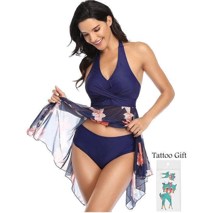 SHEKINI Jupe de bain taille haute pour femme avec short et poche à volants - Contrôle du ventre - Maillot de bain tankini, blanc, S