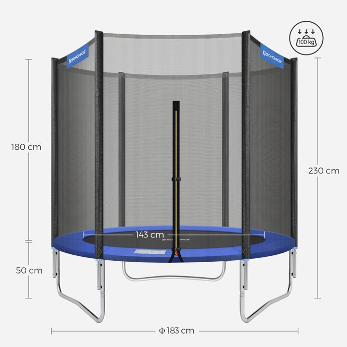 SONGMICS Trampoline d'extérieur pour enfant 183 cm, filet de protection extérieur, coussins de sécurité, échelle, poteau droit de 180 cm, cadre en acier, noir et bleu STR061Q01