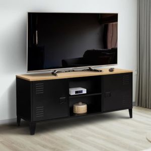 MEUBLE TV IDMARKET Meuble TV ESTER 2 portes métal noir et plateau bois design industriel 113 cm