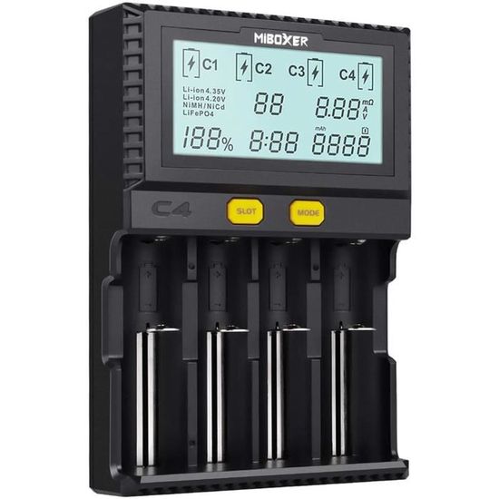 KINDEN 18650 Chargeur Piles 4 Slot Automatique avec Charge Affichage LCD  Mode pour Li-ION Ni-MH Ni-CD AA AAA AAAA C 22650 18490 18350 RCR123 (Les  Piles ne comprennent Pas) : : High-Tech