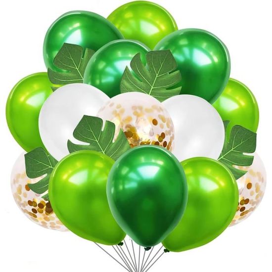 50 Ballons Vert Blanc Or Jungle Avec Feuilles Palmier - Décoration Anniversaire Mariage Safari Tropical