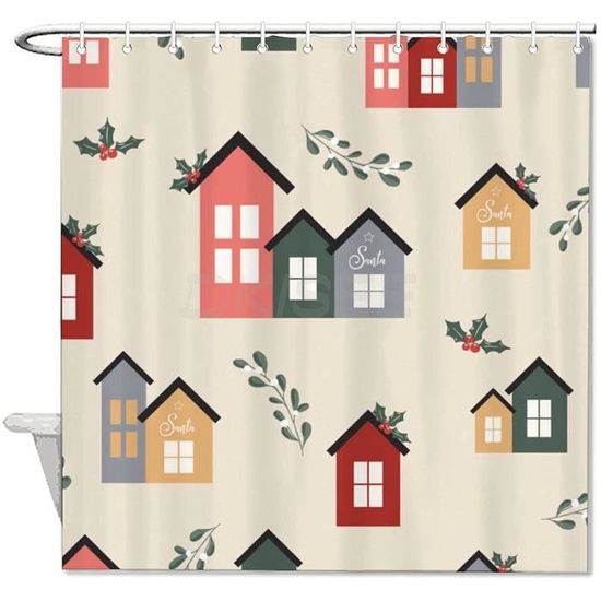 Rideau De Douche Noël Ferme Enneigée - Cabane Village 180x180cm Imperméable Avec Crochets