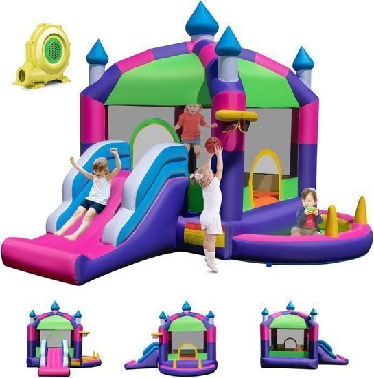 GOPLUS Château Gonflable avec gonfleur 680W, Toboggan, Zone de Saut