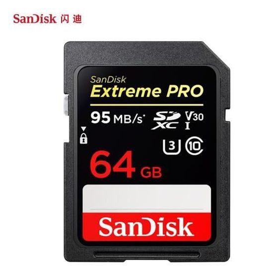 Carte Mémoire SDXC 64 Go Sandisk Extreme Pro jusqu'à 170 Mo/s, Classe 10, U3 V30 UHS-I 4K pour Caméra SDXXG