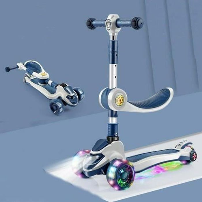 Trottinette évolutive Enfant ZHONGLI Bleu Hauteur Réglable 61-81cm avec Siège pliable et Lumière musicale