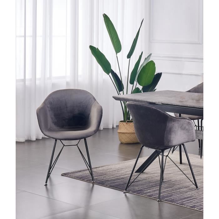 VALENTINA - Lot de 2 Chaises Scandinaves en Velours Gris Foncé - Style Vintage - Salle à Manger, Cuisine, Bureau