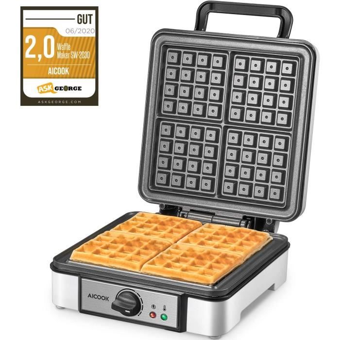 Gaufrier belge 1200W Aicook, Gaufrier à 4-Tranches De Gaufre Avec Le Contrôle De Température, Plastique Phénolique D’anti-brûlure, A