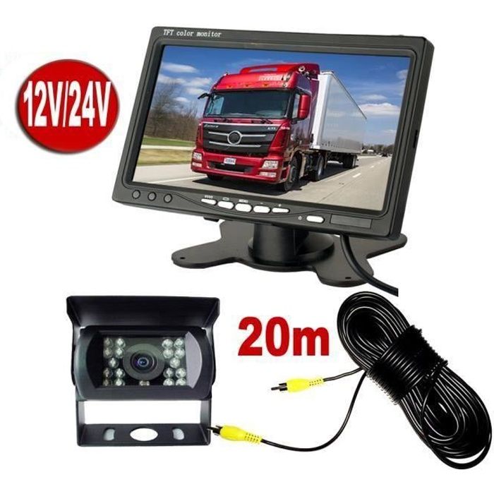 Caméra de Recul 7 pouces Moniteur LCD,18 LED IR Nocturne Vision Caméra Arrière Kit 20m Câble 12V-24V pour Bus Remorque Camion RV