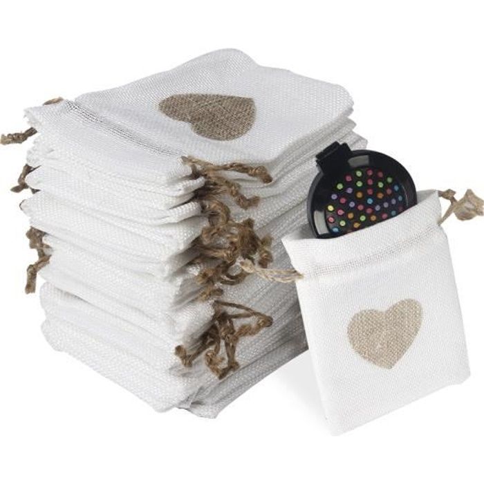 30Pcs Sachets en Toile de Jute Pochettes avec Cordon et Motif de Coeur pour Dragée Bijoux Cadeau Mariage Baptême Anniversaire Noël