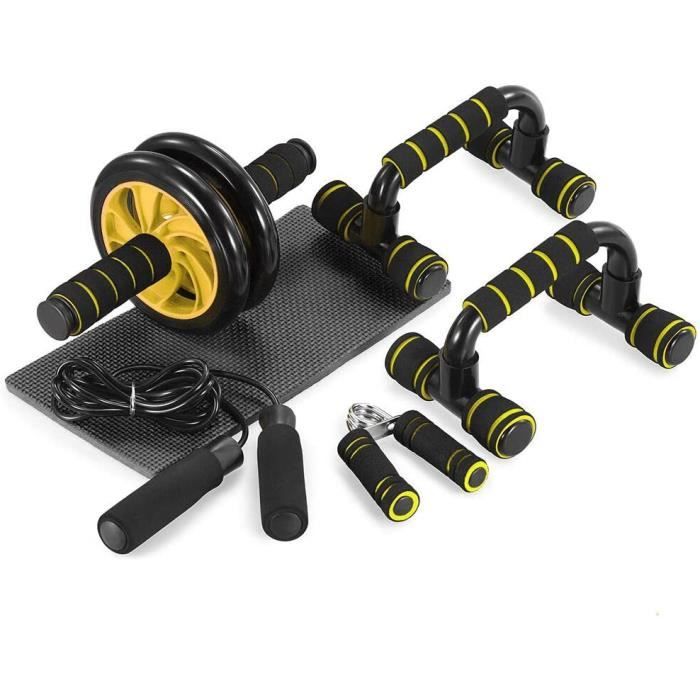 Appareils de Fitness 5 en 1 Roue Abdominale + Poignée de Pompe + Corde à Sauter + Pince à Main + Tapis pour Genou Kit Complet pour