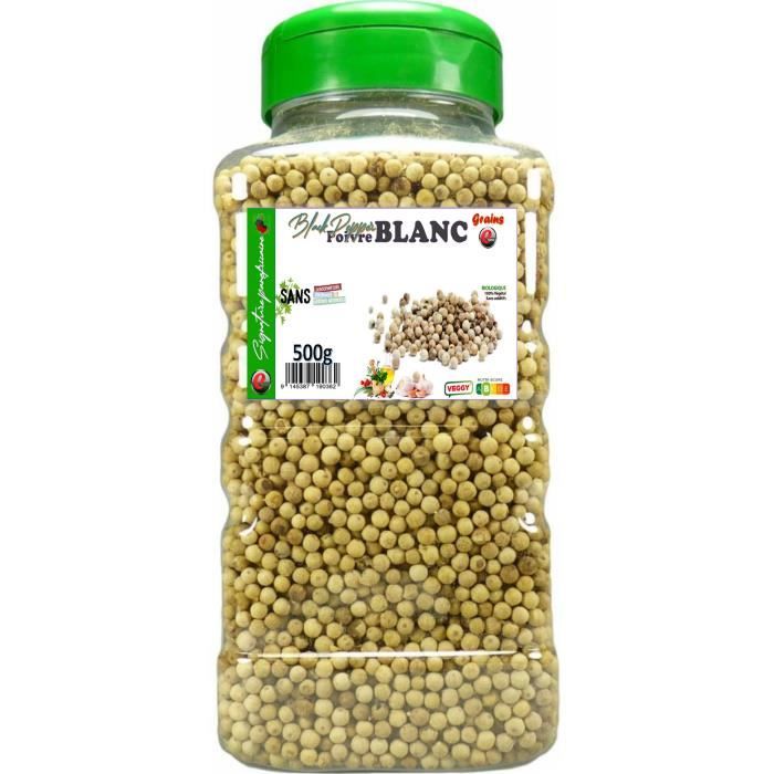 Poivre blanc en grains en pot PET - 500g - Signature panafricaine