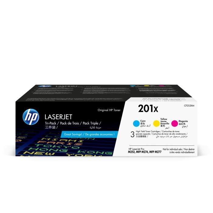 HP 201X Pack 3 cartouches de toner trois couleurs LaserJet grande capacité authentiques (CF253XM) pour Color LJ Pro M252/M274/M277