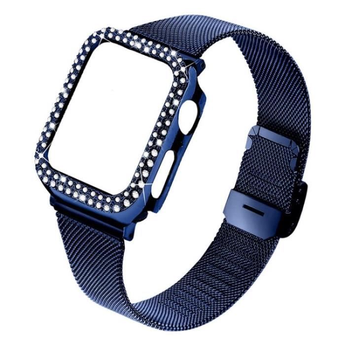 Boucle Fermeture Milanaise Bracelet + Housse Protection Sangle Bracelet Pour Apple Watch Series 7 45Mm - Bleu