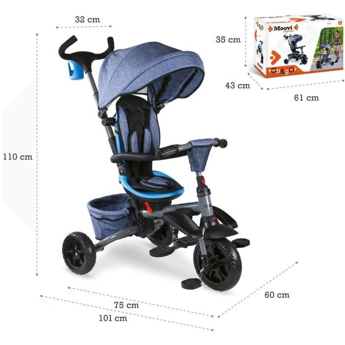 MONDO Tricycle évolutif convertible et pliable avec siège rotatif - On & Go Moovi Explore - Bleu - 12 mois et plus