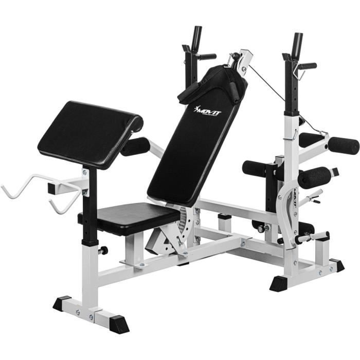 MOVIT® Banc de musculation universel avec supports d’haltères, réglable, rembourrage confortable, blanc