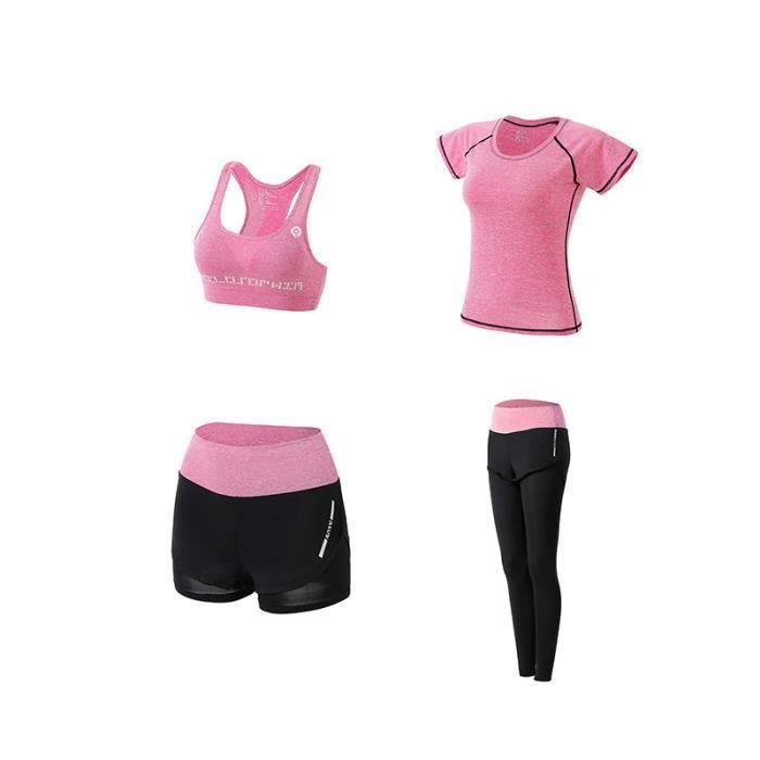 Ensemble de vêtements de sport femmes 4 pièces de Yoga(Soutien-gorge+T-shirt+Short+Pantalon) Jogging Fitness Séchage rapide