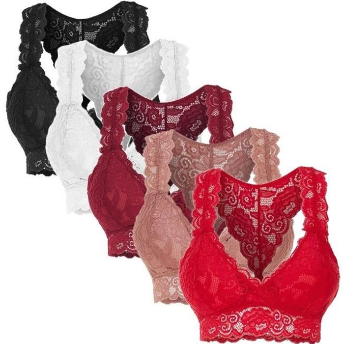 Brassiere Femme 5PC Plus Size Vest Crop fil gratuit Soutien-gorge Lingerie Sexy V-cou S-3XL @Multicolor