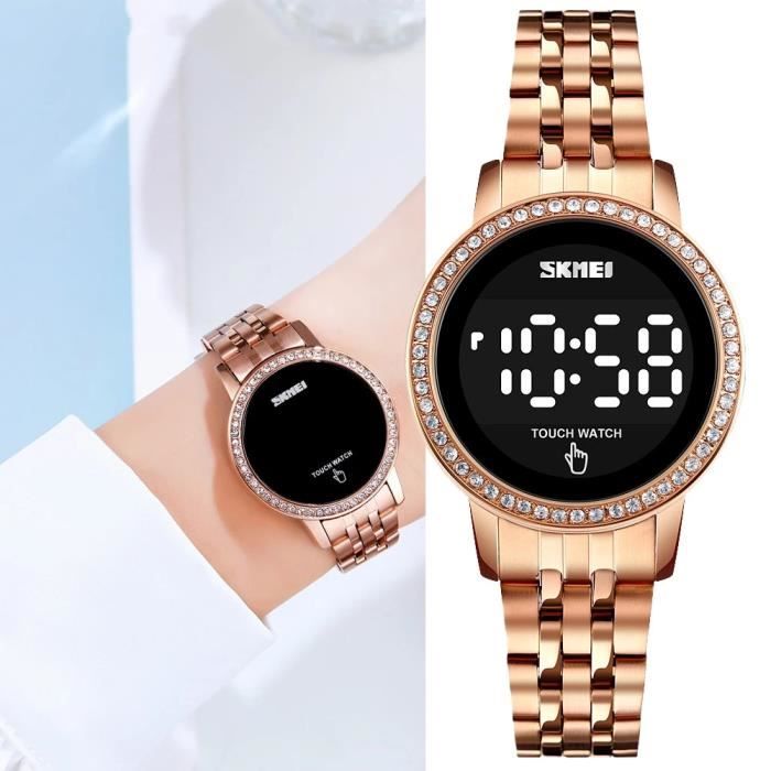 Montre Femme Tactile LED Numerique de Marque Luxe Strass Étanche pour Femmes Jeunes cadeau de Fête Noël Anniversaire Or Rose