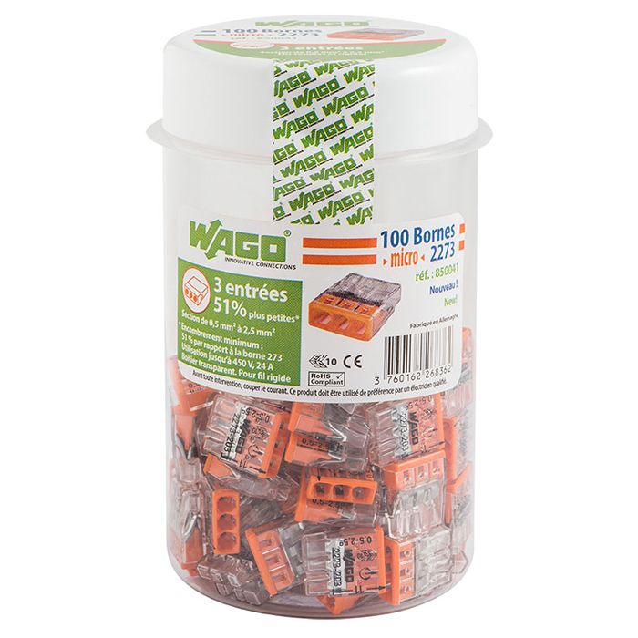 Pot de 100 mini bornes 3 fils S2273 WAGO