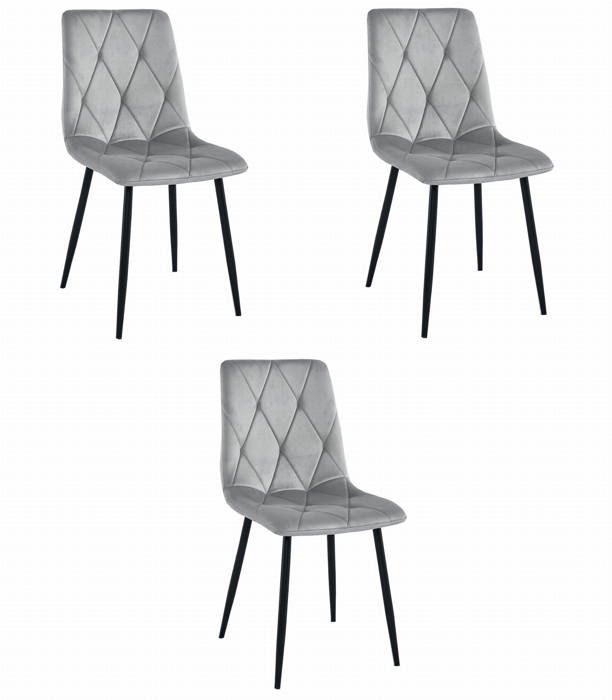Chaise - OSKAR - LIBRA - Velours gris argenté - Pieds en métal noir - Lot de 3