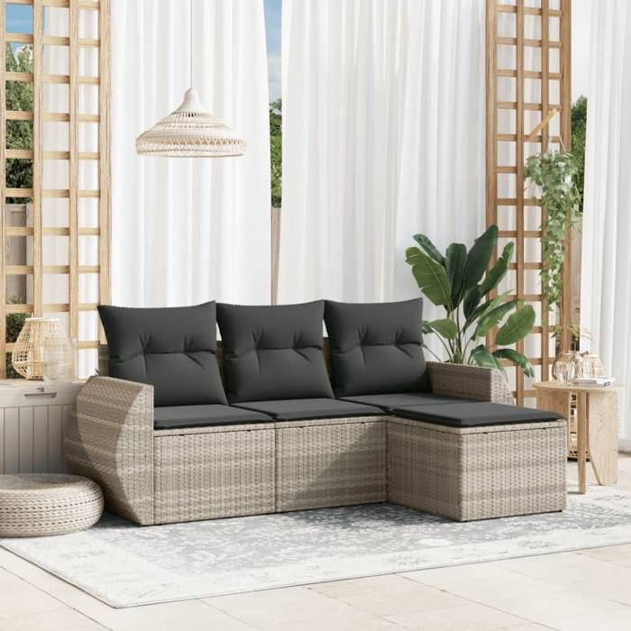 Set meubles d’extérieur - BONNIE - Salon de jardin 4 Pièces avec coussins - gris clair - résine tressée - 55 x 53 x 34cm