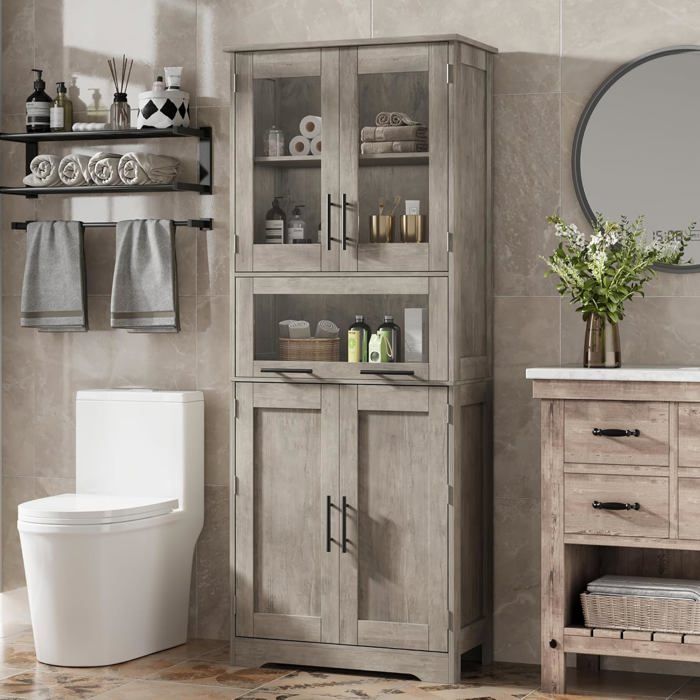 Colonne salle de bain - armoire salle de bain - Meuble salle de bain - H 170 cm - avec 1 tiroir et 4 porte - Rétro Marron