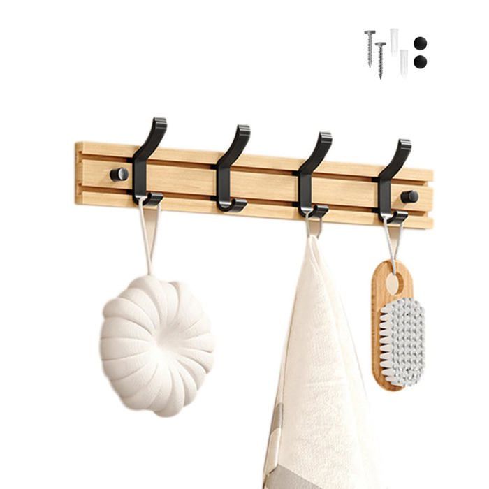 Porte-manteau mural bambou 4 crochets noir – Support mural léger 40 x 6 cm pour manteaux et serviettes