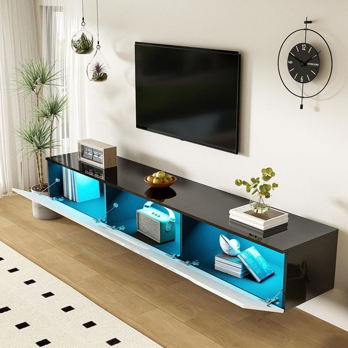 Meuble TV tele Noir et Blanc Meuble tele suspendu longueur 180 cm surface brillante avec éclairage LED 16 couleurs Meuble TV tele Noir et Blanc Meuble tele suspendu longueur 180 cm surface brillante avec éclairage LED 16 couleurs